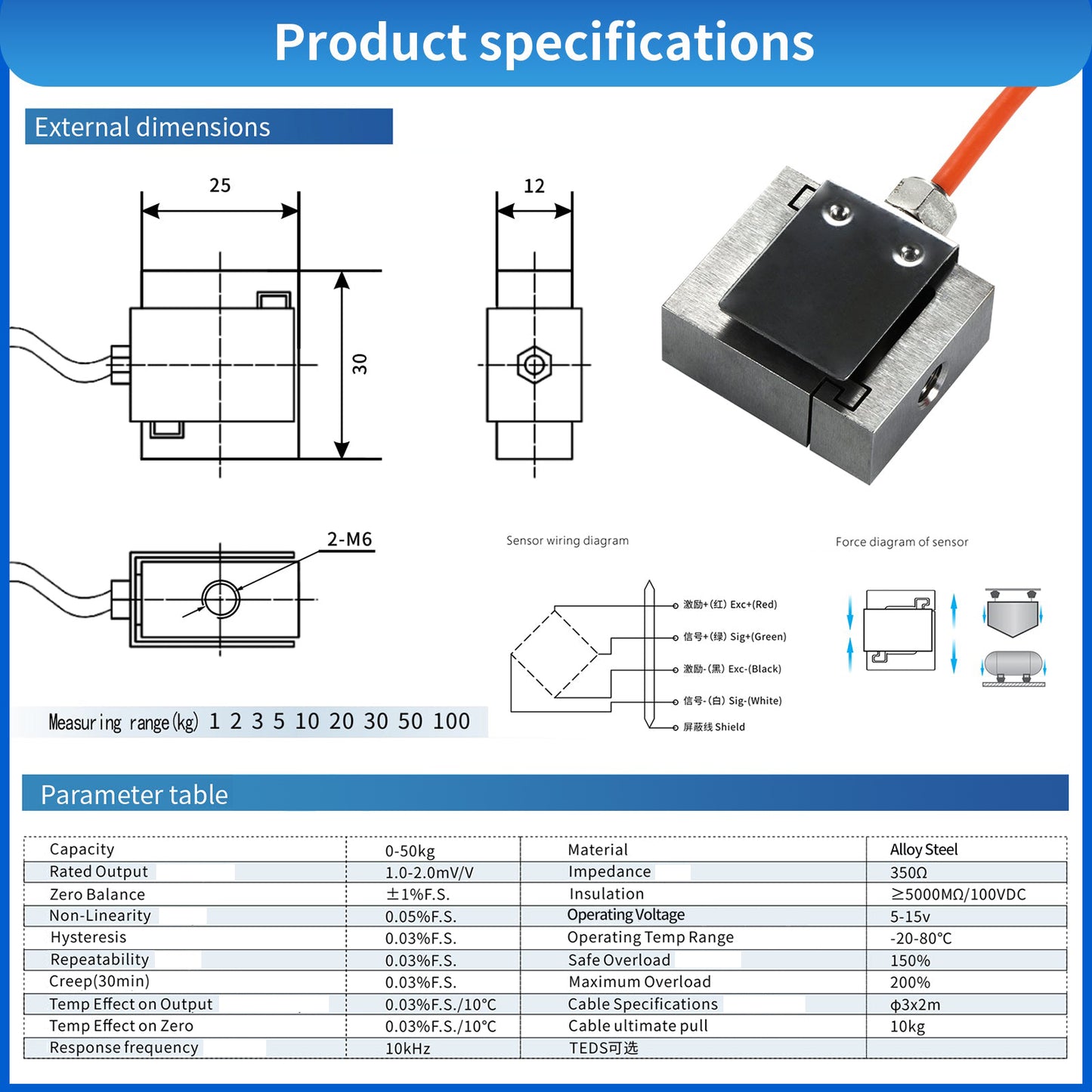 HGWS Mini S Type Load Cell Sensor, Range 5kg-50kg, 5-15V, 30mm*25mm*15mm